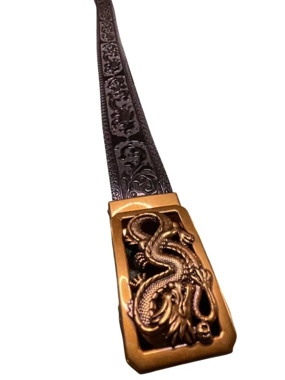 Embossed Dragon Buckle Brown Leather Belt With Gold Detailing Adjustable Fit Orn